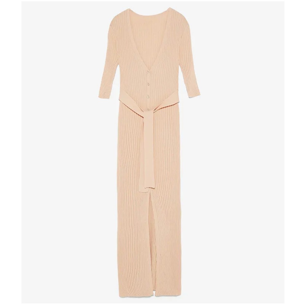 ZARA Nude Beige/Pink SEMI SHEER RIBBED KNIT DRESS Button-Up w/Belt MINIMALIST M